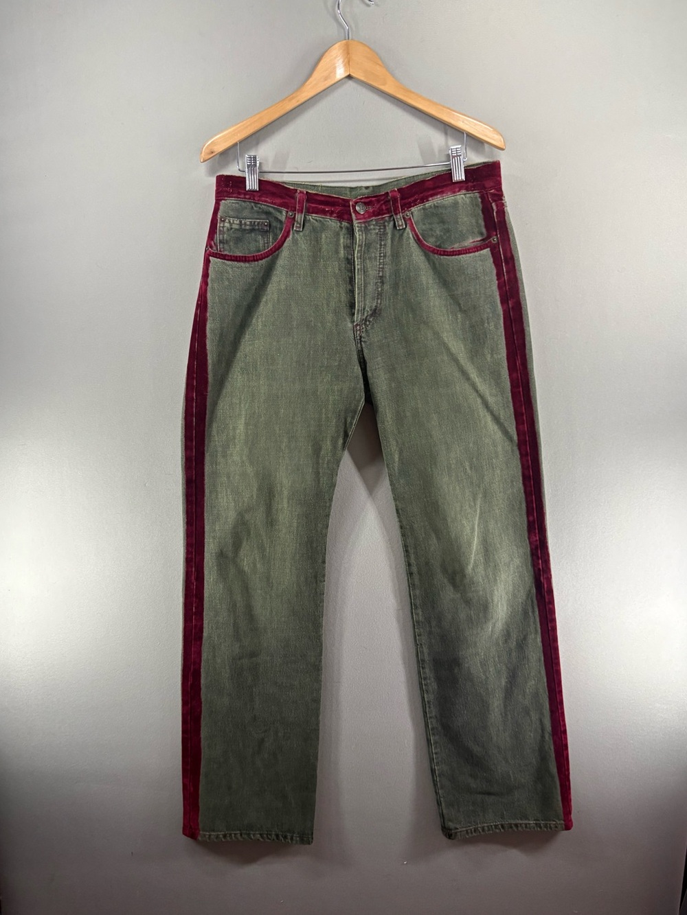 Etro Milano Olive/Green Jeans with Burgundy Velvet Accents Made Italy Size 33